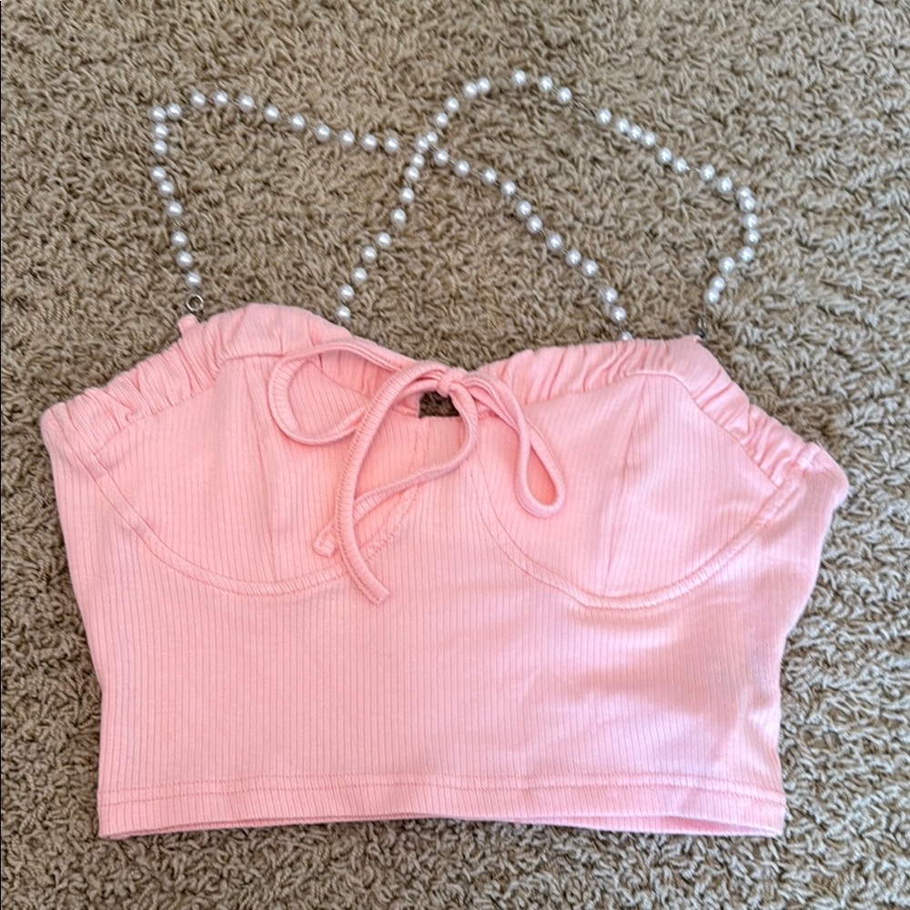 Pink Crop Top with Pearl Straps